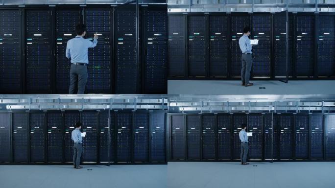 在现代数据中心: IT工程师站在开放式服务器机架机柜旁边，用笔记本电脑进行无线维护和诊断程序。缩小相