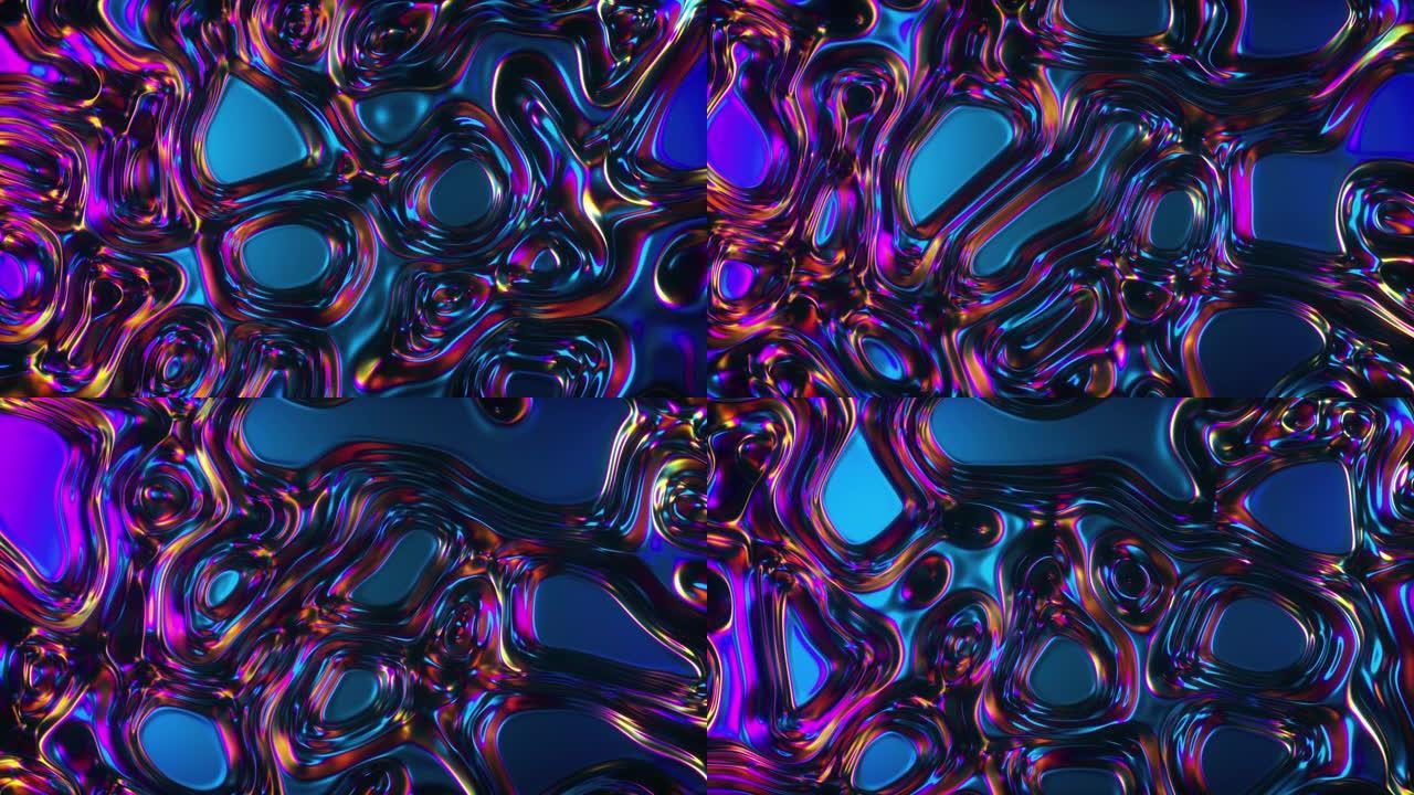 抽象3d渲染全息油面背景，箔波浪形表面，波浪和波纹，紫外线现代光，霓虹蓝色粉色光谱颜色。无缝循环4k