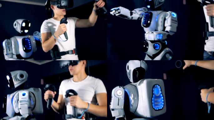 男子使用VR设备控制一个房间里的机器人，特写镜头。