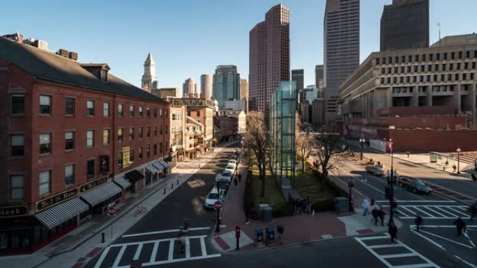 延时:航拍波士顿市政厅和美国市中心的公共市场