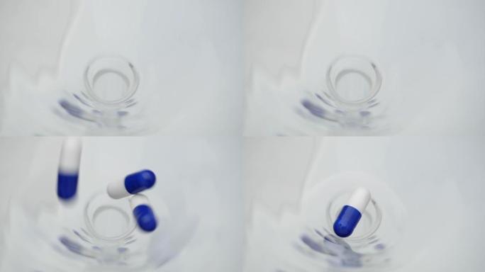 蓝色药丸落在白色表面上。