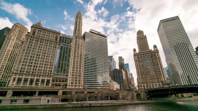 延时: 美国伊利诺伊州壮丽英里附近芝加哥河市中心的芝加哥天际线建筑