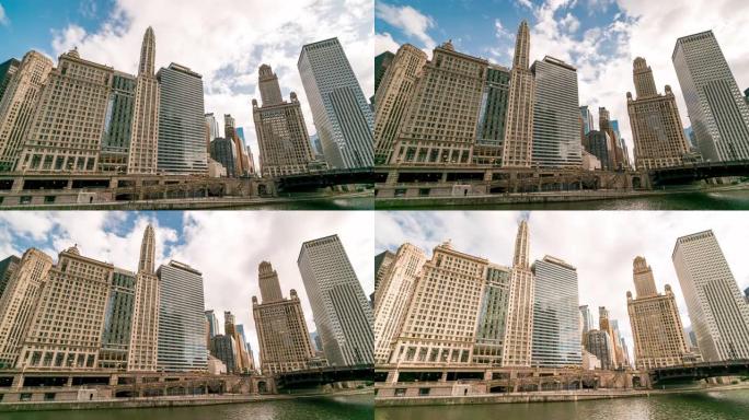 延时: 美国伊利诺伊州壮丽英里附近芝加哥河市中心的芝加哥天际线建筑