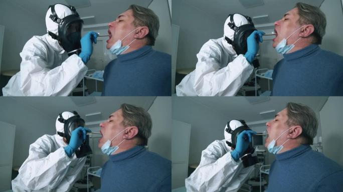 男性患者正在接受护理人员的喉咙检查