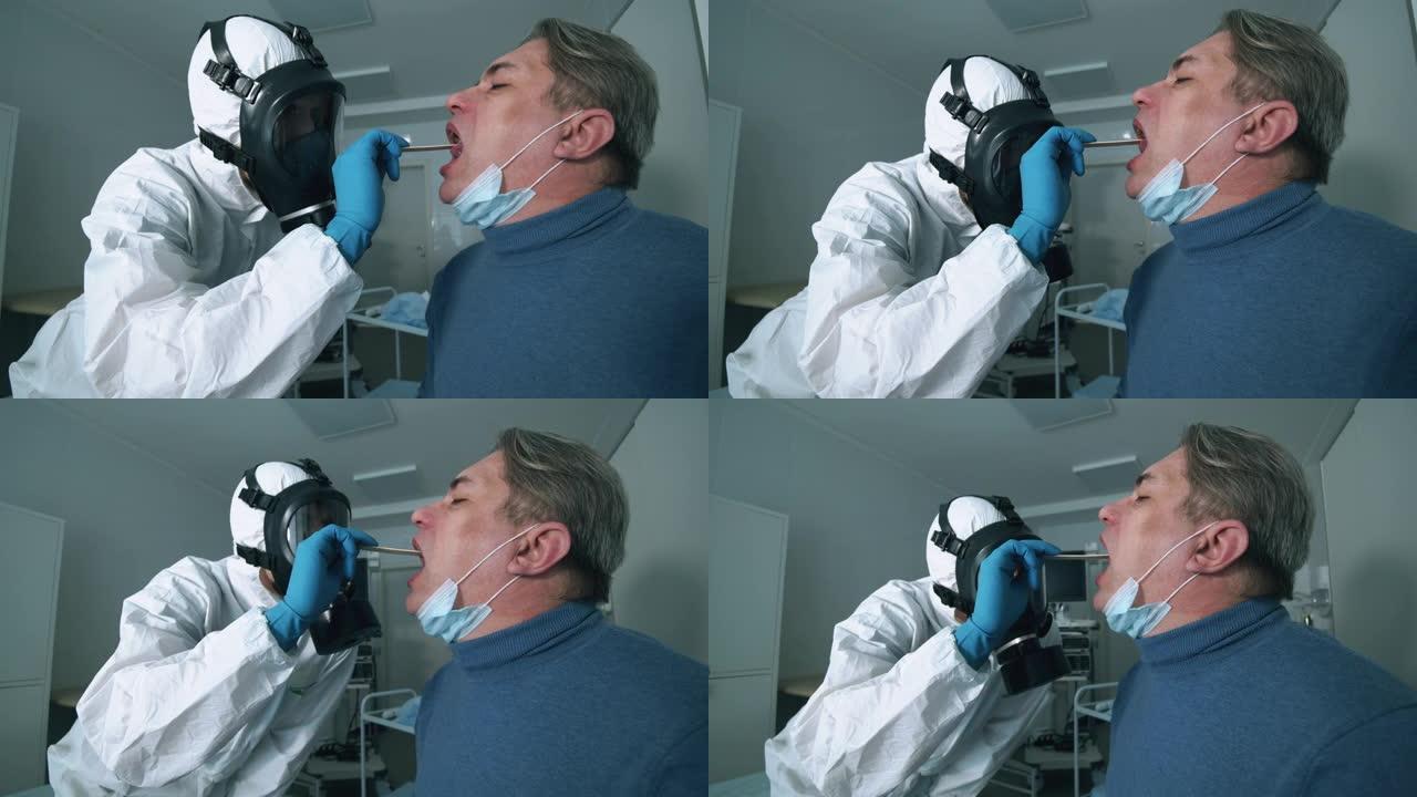 男性患者正在接受护理人员的喉咙检查