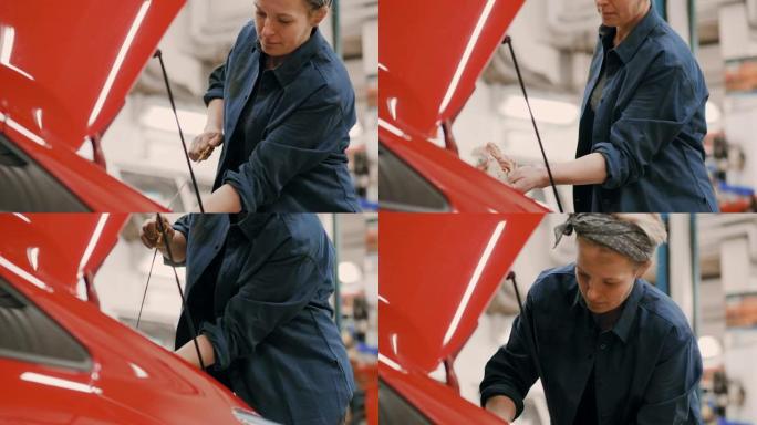 女人在汽车维修车间检查机油