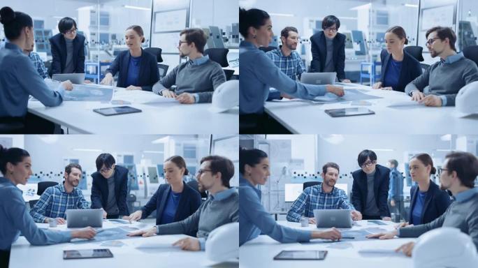 现代工厂办公室会议室: 由多种族和多元化的工程师，经理和投资者组成的团队坐在会议桌旁交谈，分析蓝图。