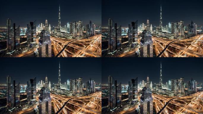迪拜夜间天际线的T/L鸟瞰图/迪拜，阿联酋