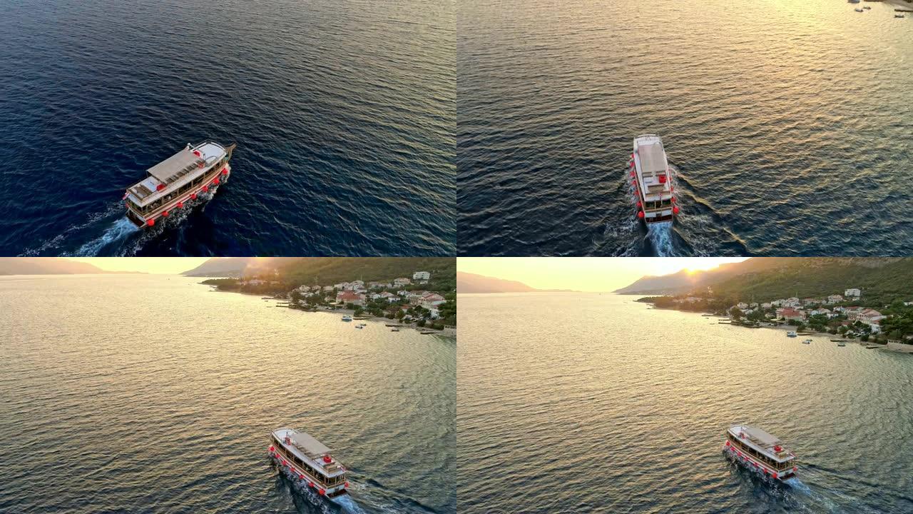 MS至WS鸟瞰图渡船沿着克罗地亚佩列萨克的阳光明媚的海洋行驶