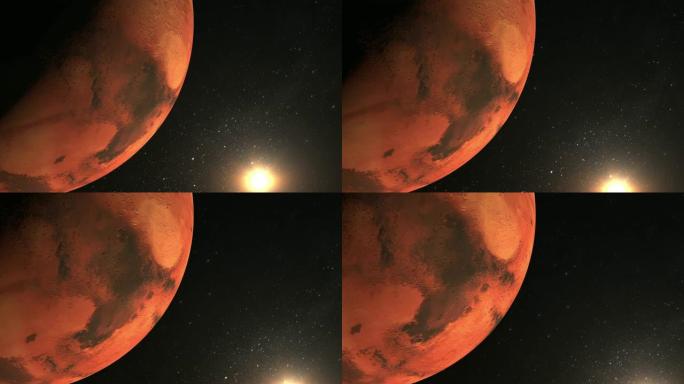 火星行星。相机在火星周围飞行。太阳在框架中。从太空看。行星在框架的左边。星星闪烁。4K。