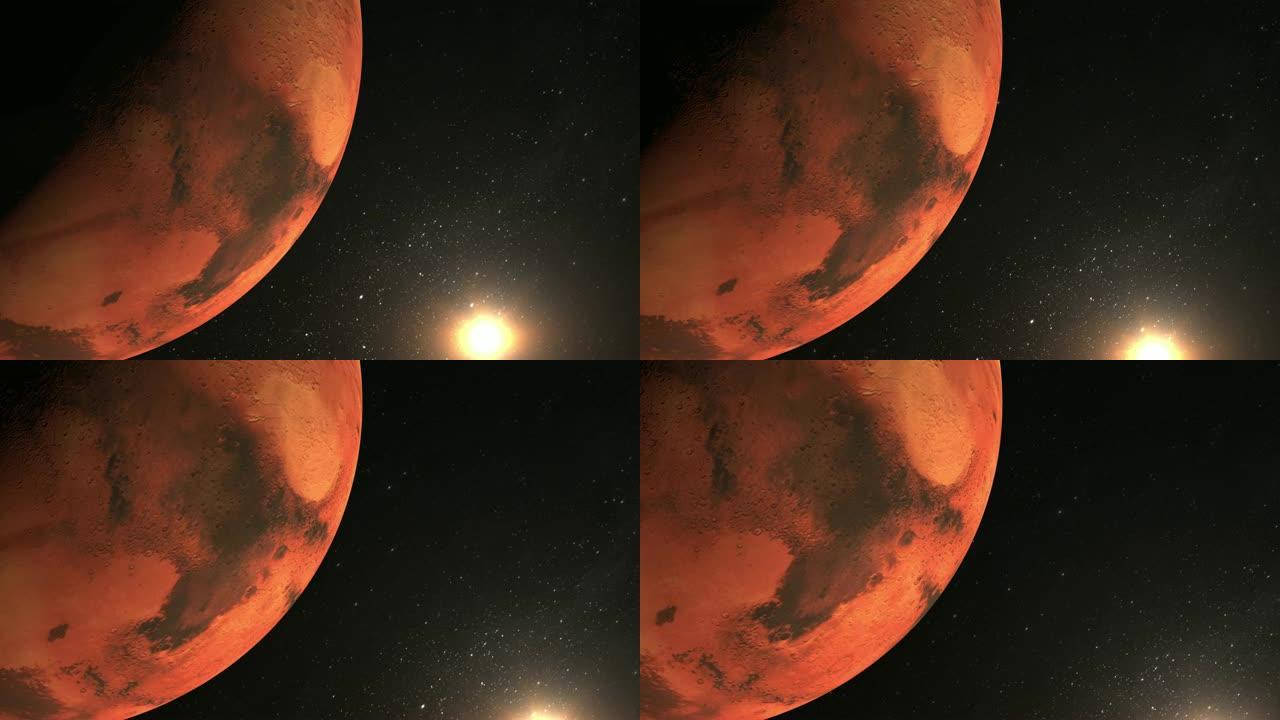 火星行星。相机在火星周围飞行。太阳在框架中。从太空看。行星在框架的左边。星星闪烁。4K。