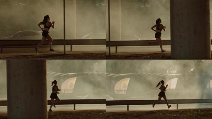 穿着黑色运动上衣和短裤的美丽健身女孩正在街上精力充沛地奔跑。她在城市环境中慢跑，背景是汽车。