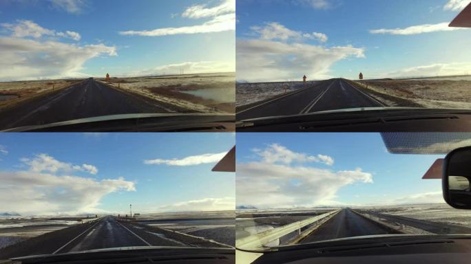 微软汽车的观点沿着冰岛偏远、阳光明媚的风景行驶