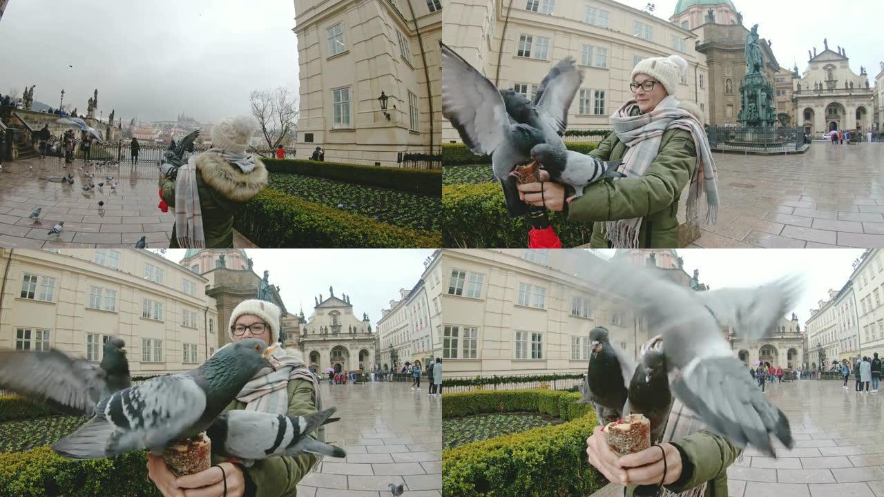 女士在捷克共和国布拉格城市广场喂鸽子