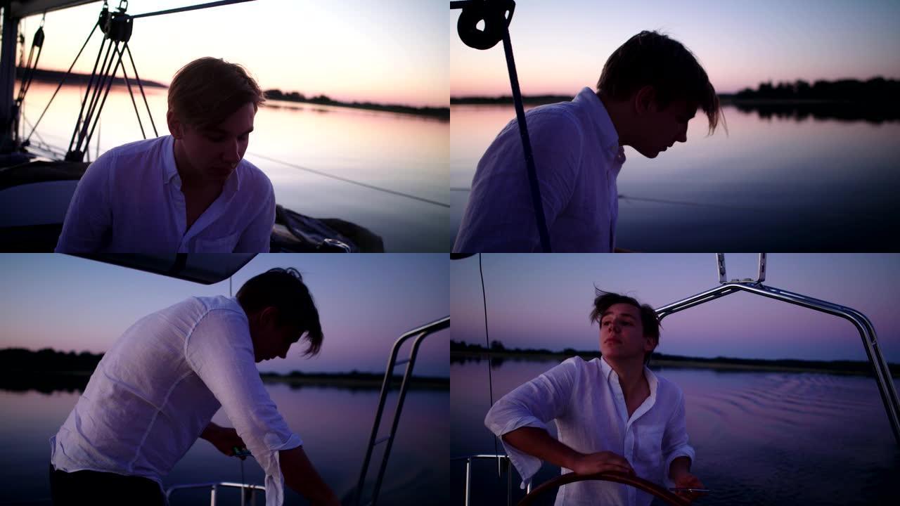 湖上浪漫的日落。年轻人在手机里使用指南针。操纵船
