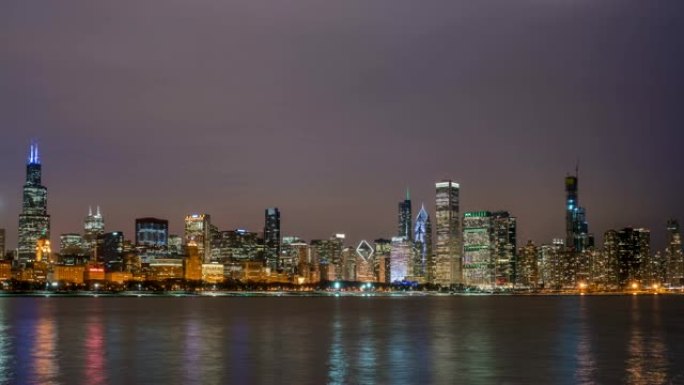 芝加哥的4k时间流逝芝加哥市中心的天际线全景与密歇根湖沿岸的海岸线在美国伊利诺伊州芝加哥的美丽夜晚，