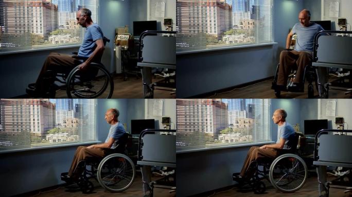 病人坐轮椅在医院
