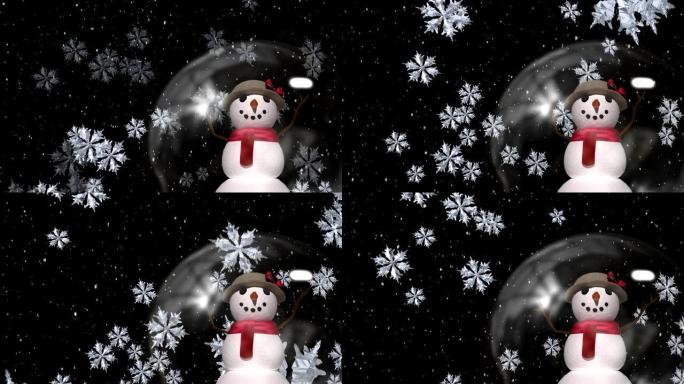 雪球中的雪人雪花飘落戴红色围巾眨眼睛
