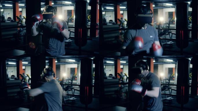 戴着VR耳机的男运动员拳击。