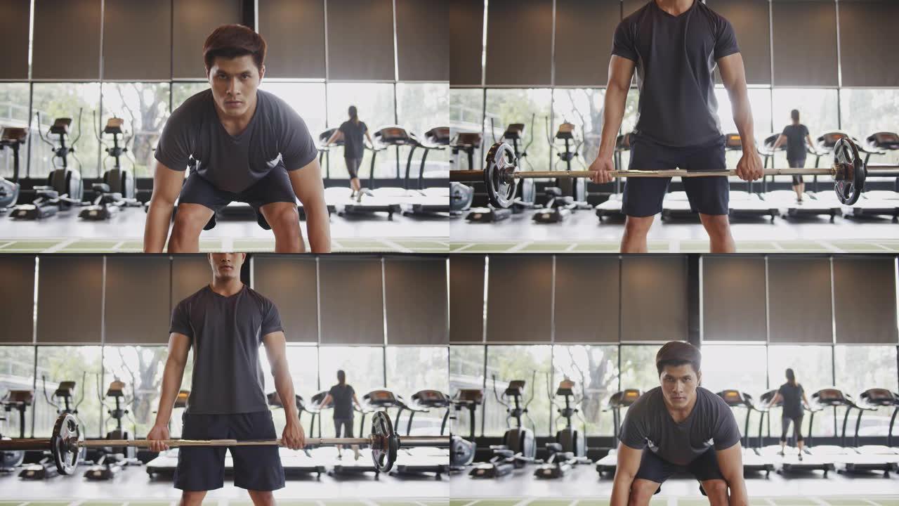 4K UHD: 年轻的亚洲男子在健身房用举重杠铃锻炼