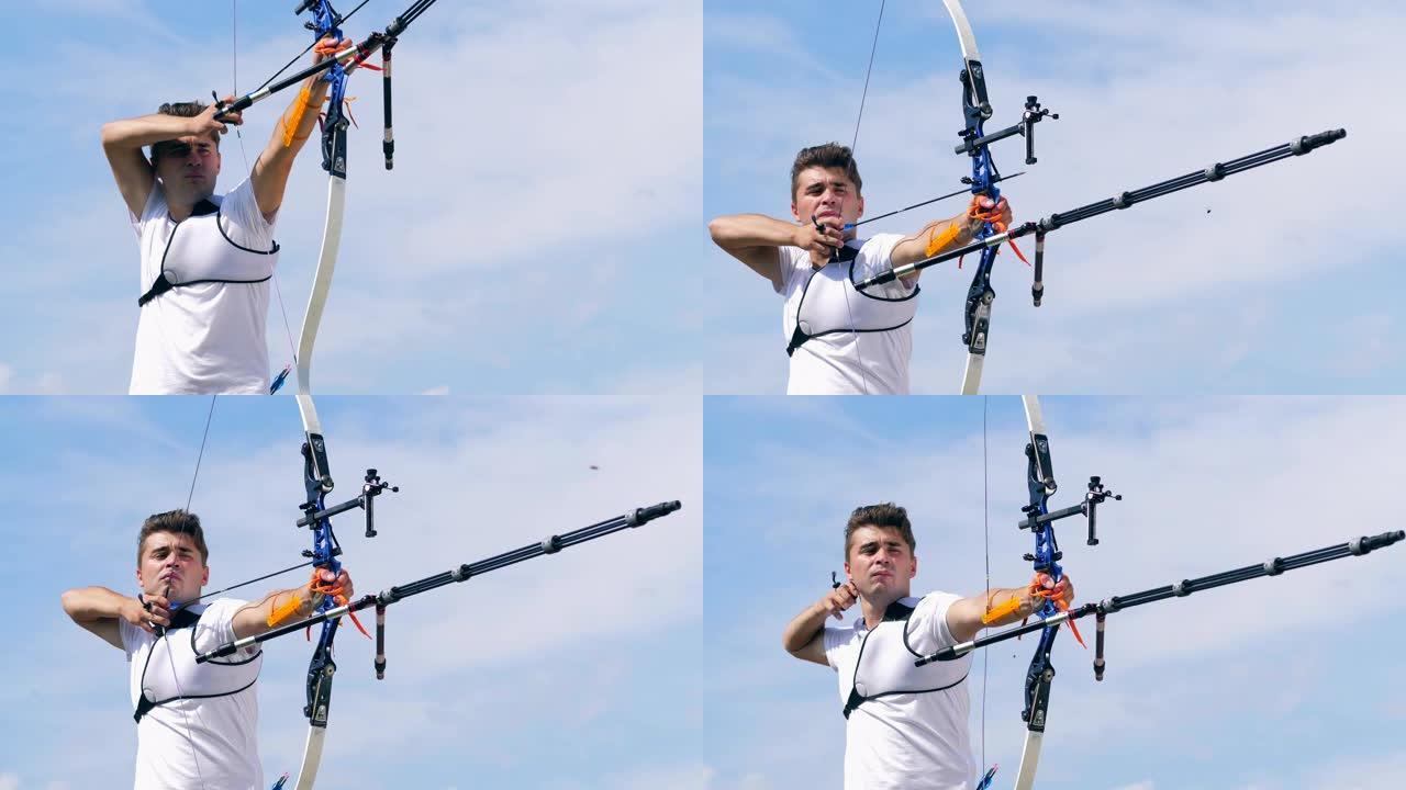 职业运动员在靶场上射弓。