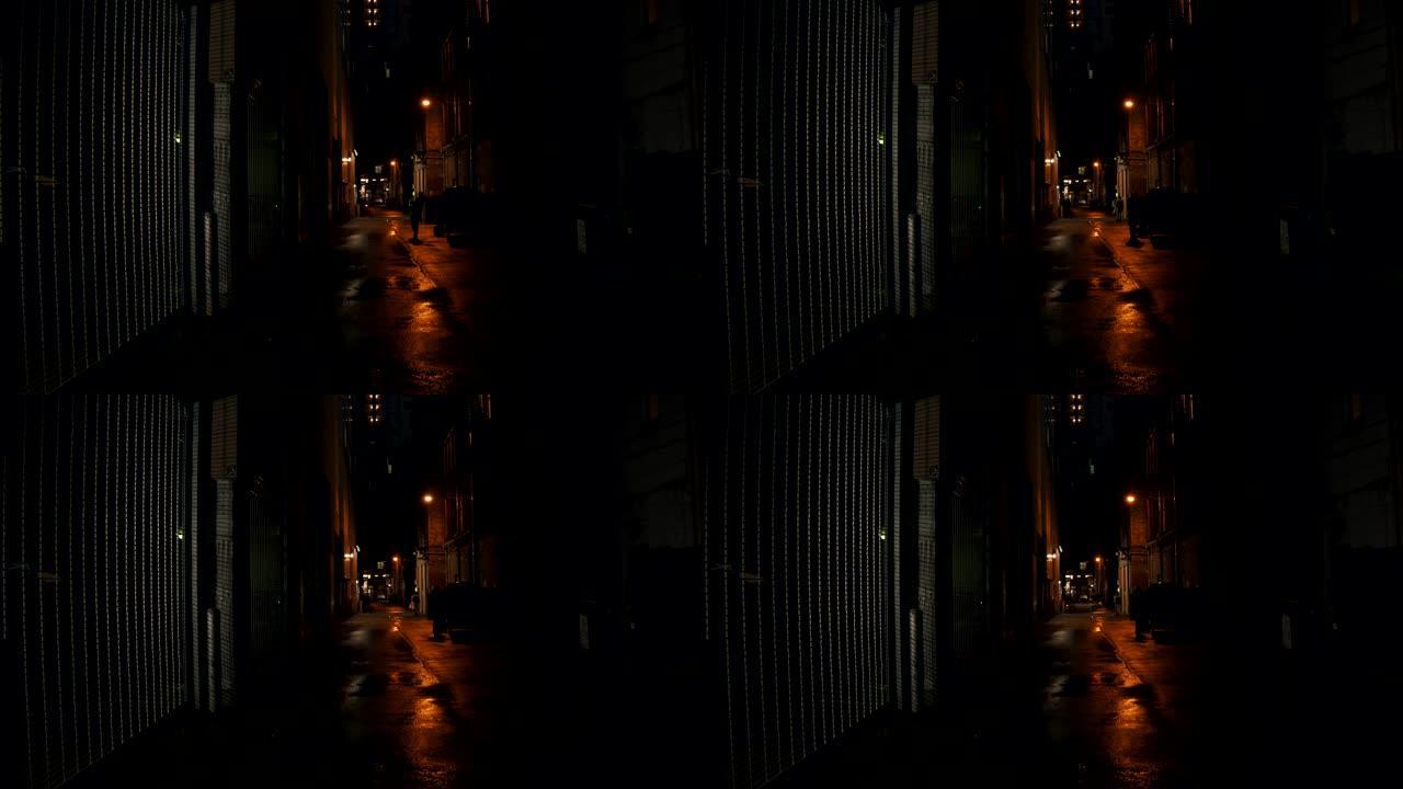 建立夜间黑暗小巷的镜头。