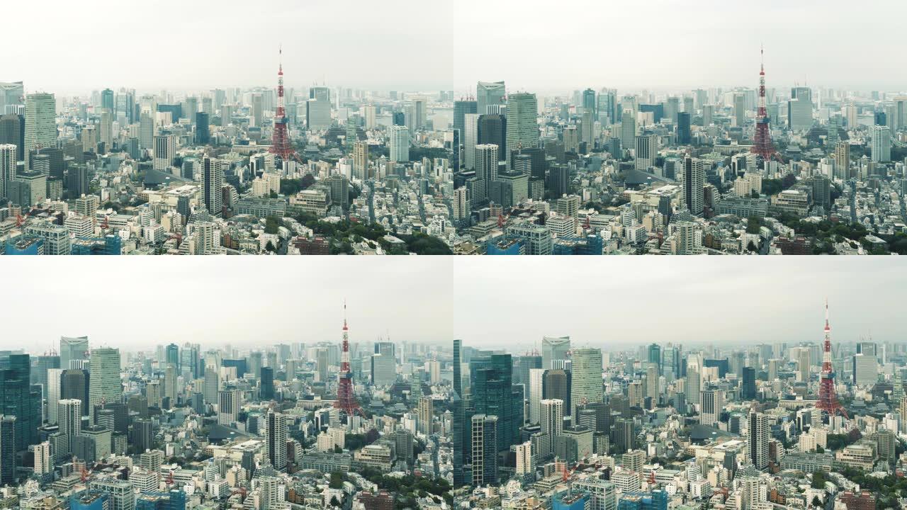 日本东京铁塔和东京天际线城市景观的鸟瞰图，潘向左