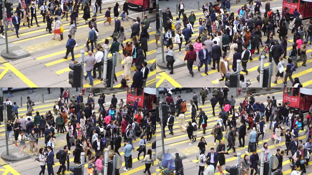 香港斑马线过马路的人向上倾斜镜头。