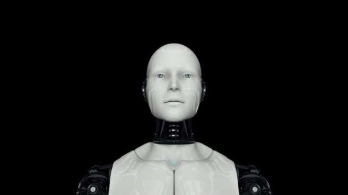 机器人android被激活并抬起头。相机放大。在黑色背景上。4K. 3D动画。