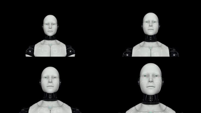 机器人android被激活并抬起头。相机放大。在黑色背景上。4K. 3D动画。