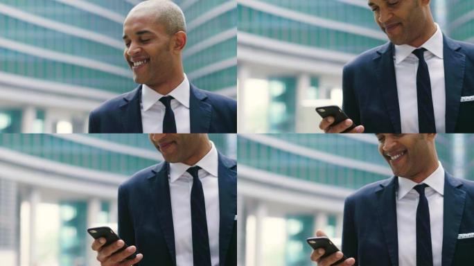 穿着西装打领带的商人在发送消息，工作电子邮件或使用电话打电话时感到高兴和微笑。