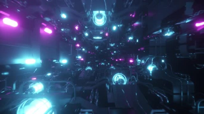 在科技空间隧道中飞行，荧光紫外光，发光的霓虹灯光源，无尽的走廊，蓝粉红色的光谱，现代的彩色照明。无缝