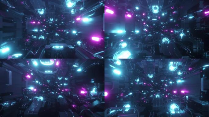 在科技空间隧道中飞行，荧光紫外光，发光的霓虹灯光源，无尽的走廊，蓝粉红色的光谱，现代的彩色照明。无缝