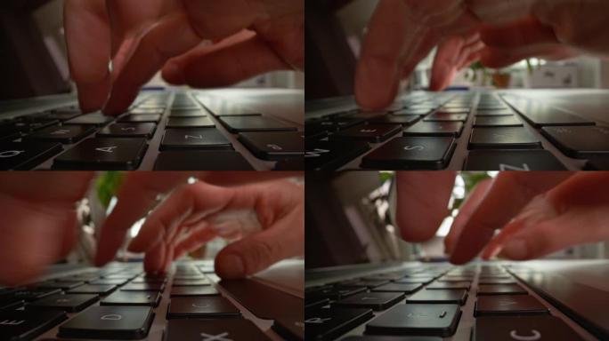 手指敲击笔记本电脑键盘的特写滑动镜头。超级微距镜头。一个在家用笔记本电脑工作的女人。高品质、UHD