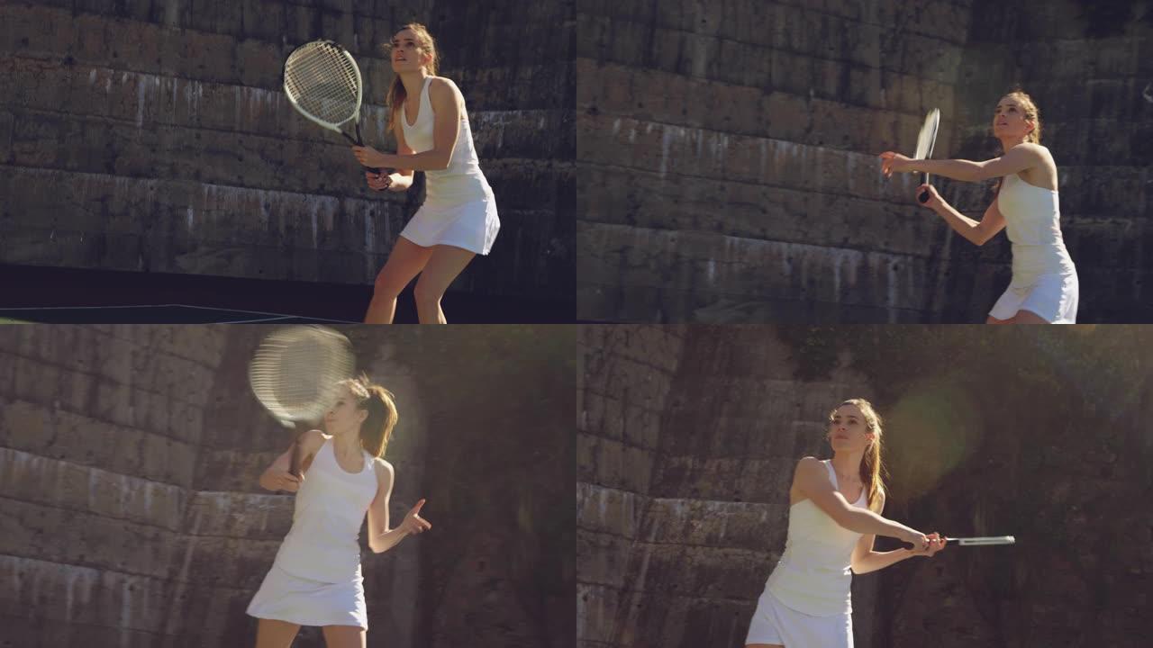 女人在晴天打网球