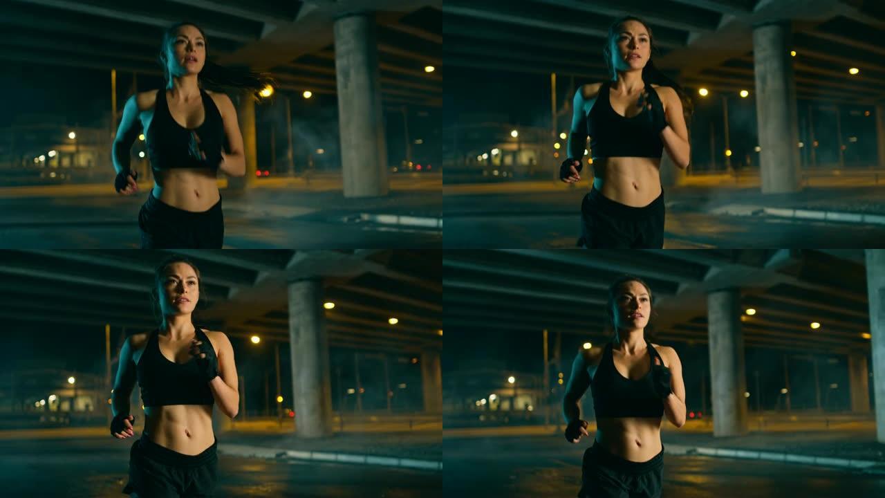 穿着黑色运动上衣和短裤的美丽丰满的健身女孩正在街上慢跑。她正在夜间的城市环境中进行锻炼，背景是汽车。