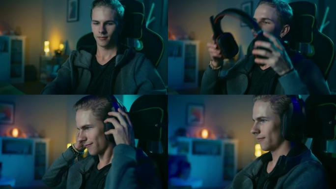 Gamer戴上麦克风的耳机，然后开始在他的个人计算机上玩射击游戏在线视频游戏。房间和电脑有彩色霓虹灯