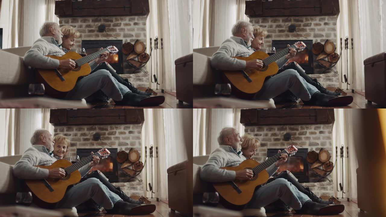 祖父给祖母和孙子弹吉他