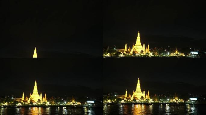 向下倾斜:Wat Arun Temple (Temple of Dawn)在晚上时间，曼谷，泰国。