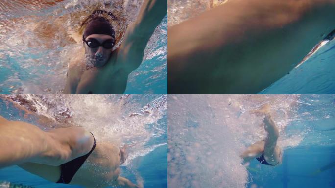 专业游泳运动员与谷歌在自由式游泳池跳跃和潜水。