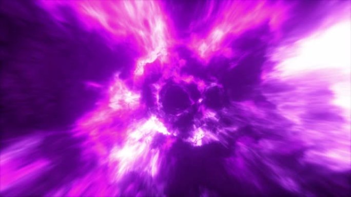在外太空五颜六色的抽象能量隧道中飞行。涡旋能量在现代紫光中流动。无缝循环3d动画