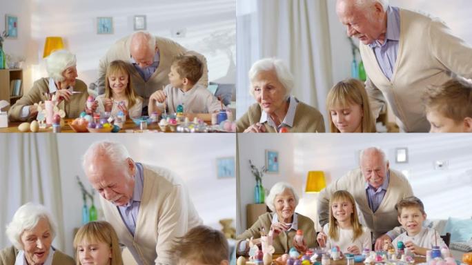 孙子和祖父母画复活节彩蛋