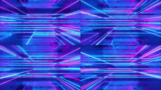 抽象背景，移动的霓虹灯，金属划痕室内的夜光线，荧光紫外线，蓝红粉色紫色光谱，循环，无缝循环3d渲染