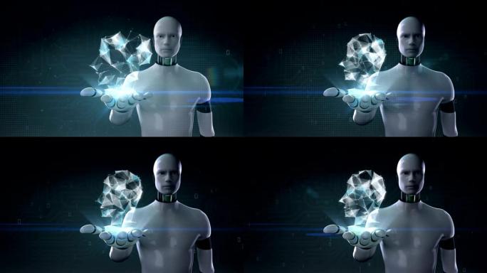 机器人打开手掌，数字线条创造大脑头部形状，数字概念。人工智能。物联网、4k动画。