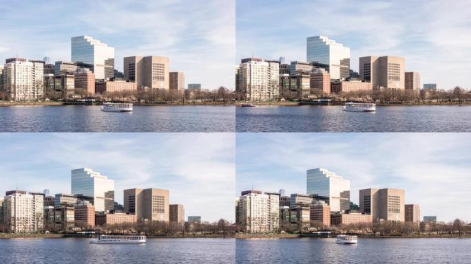 延时: 美国马的波士顿市中心天际线大楼与查尔斯河。