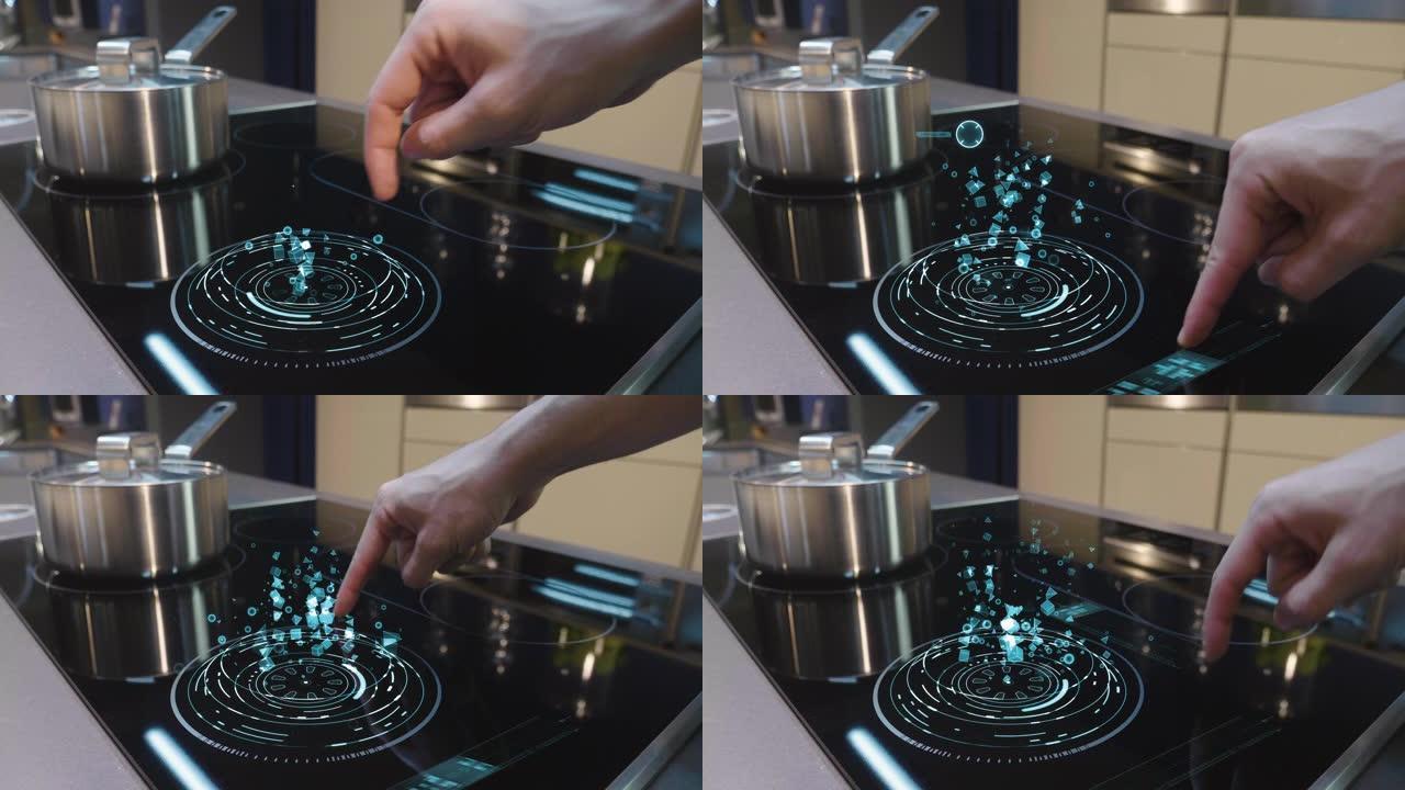 一个男人的特写镜头，他在自己家里用最新技术的炉子做饭，并通过全息术调节力量和强度