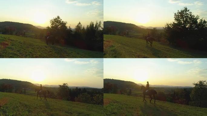空中无法辨认的年轻女子骑着棕色的马穿过乡村