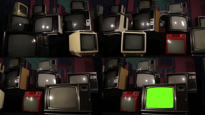 复古电视在许多电视中间打开绿色屏幕。淘金热基调。