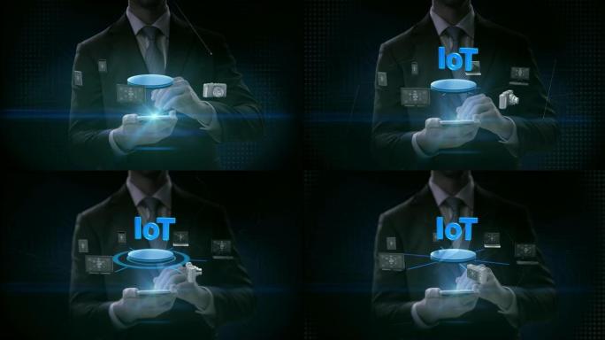 商人触摸智能手机，移动，各种连接 “iot” 技术的移动设备。4k电影。