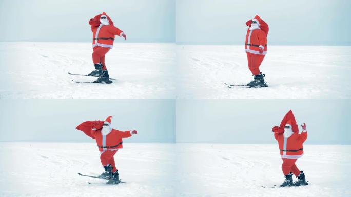 滑雪板上的圣诞老人正试图逆风行走